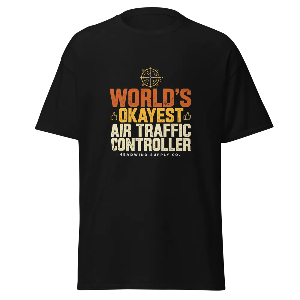 World's Okayest ATC tee on a black shirt